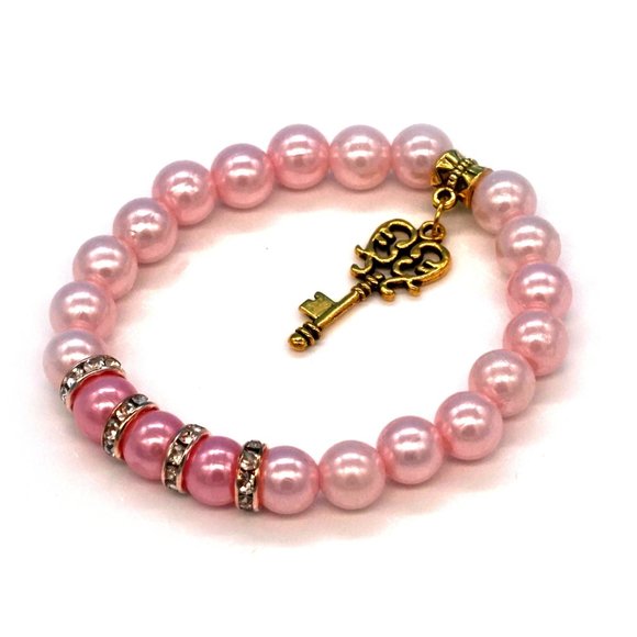 My Bead Emporium Jewelry - Bracelet Light Pink Pearls Dark Pink Pearls Rhinestones Antiqued Gold Key Charm